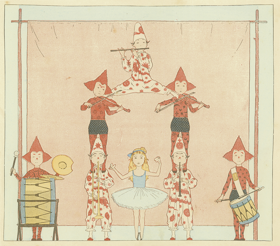 Ilustracja z książki przedstawiająca grupę aktorów tworzących układ gimnastyczny, tzw. Piramidę i jednocześnie grających na skrzypcach, flecie, klarnecie i puzonie, ubranych w kolorowe stroje. Pomiędzy nimi tańcząca balerina w niebieskiej koszulce i baletowej spódnicy. Po obu stronach grupy akrobatycznej aktorzy z bębnami.