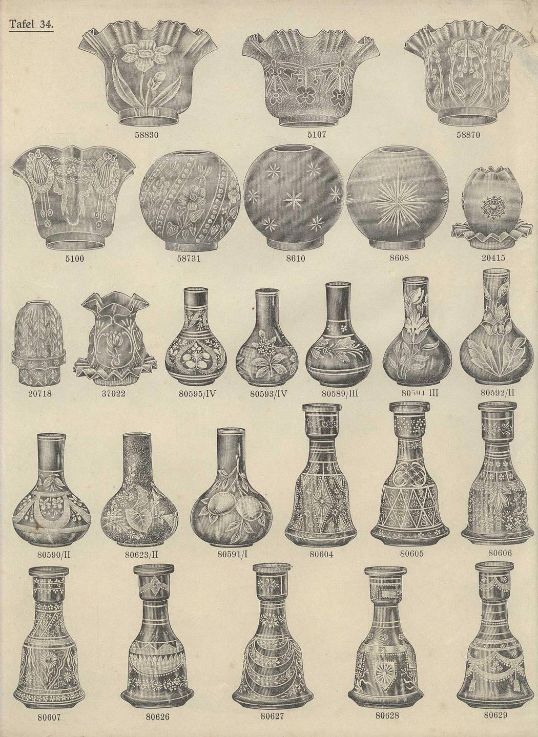 Karta katalogu z wyrobami szklanymi przedstawiająca 26 różnych form kloszy do lamp.