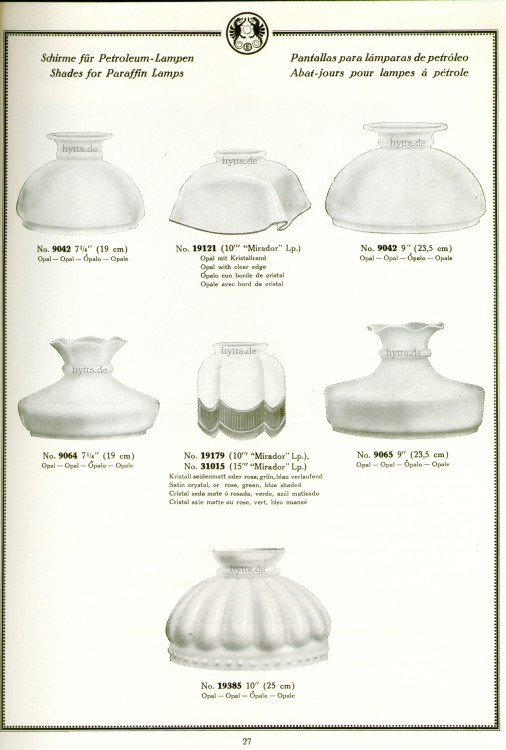 Karta katalogu z 6 szklanymi kloszami o różnych kształtach i jednym materiałowym abażurem do lamp naftowych.