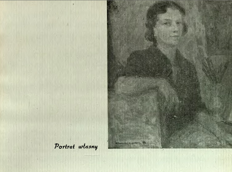 Obraz Haliny Kowalskiej-Krysińskiej, zatytułowany Portret własny. Skan z dawnej publikacji przedstawia portret siedzącej kobiety o ciemnych, pofalowanych włosach, sięgających do szyi. Postać ujęta jest pozycji siedzącej, opierająca prawe przedramię na oparciu fotela.