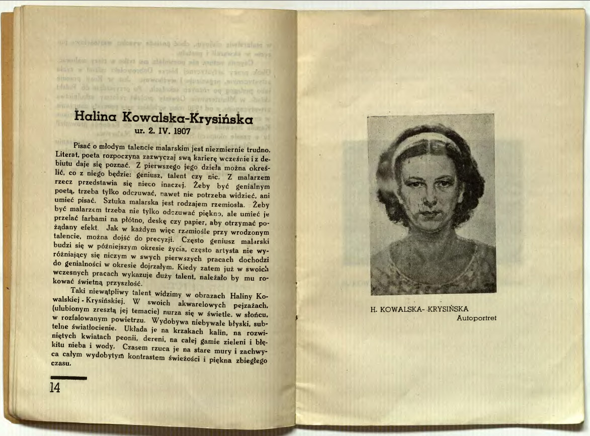 Obraz Haliny Kowalskiej-Krysińskiej, zatytułowany Autoportret. Skan z dawnej publikacji przedstawia portret w popiersiu, w ujęciu na wprost, kobiety o ciemnych kręconych włosach z przedziałkiem pośrodku i opaską.