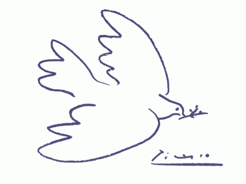 Rysunek Pabla Picasso, zatytułowany Gołąb pokoju. Przedstawia schematycznie ujętego gołębia z drobną gałązką w dziobie, w prawym dolnym rogu niewyraźna sygnatura autora „Picasso”.