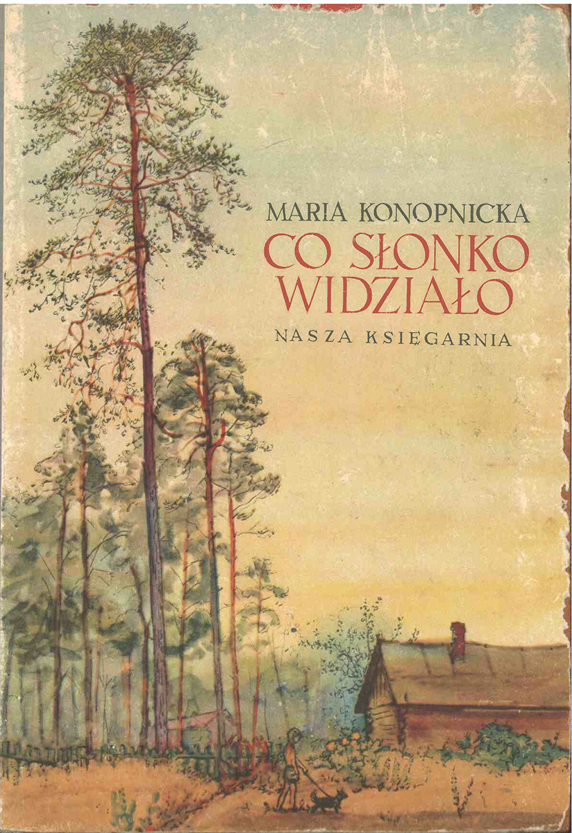 Okładka książki Mari Konopnickiej „Co słonko widziało”. Na zdjęciu chłopiec spacerujący z psem na smyczy. W oddali widać wysokie drzewa i wiejską chatę.