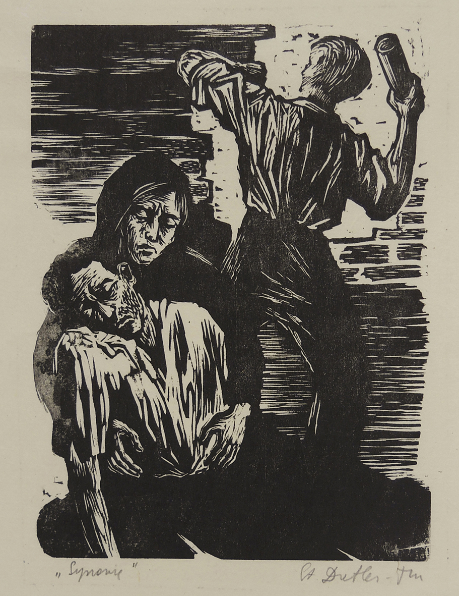 Grafika w technice drzeworytu pod tytułem „Synowie”, autorstwa Stefanii Dretler-Flin. Przedstawia kobietę podtrzymującą leżącego mężczyznę, ujętych na tle ceglastego muru. Z prawej strony widoczny młody mężczyzna rzucający granat lub butelkę zapalającą.