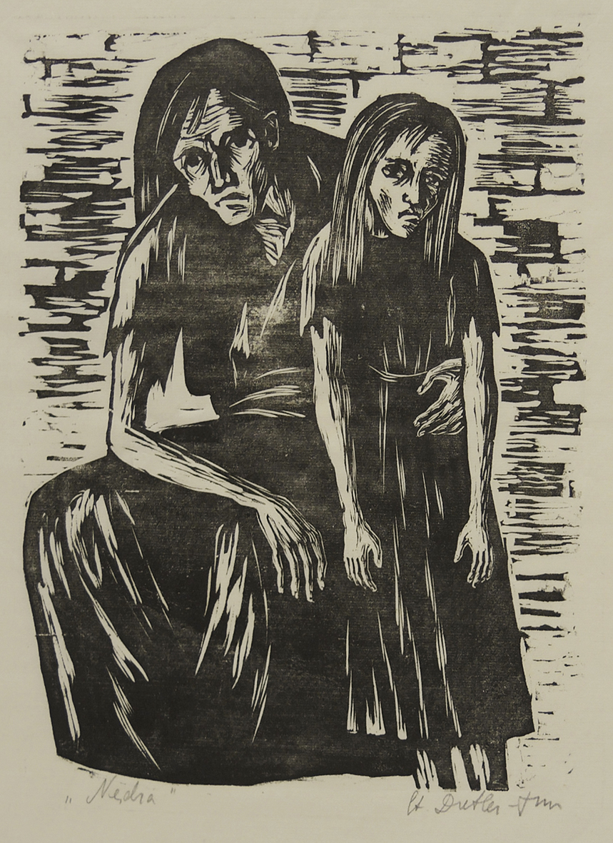 Grafika w technice drzeworytu pod tytułem „Nędza”, autorstwa Stefanii Dretler-Flin. Przedstawia dwie wychudzone postacie na tle ceglastego muru. Kobieta siedząca po lewej podtrzymuje lewą ręką stojącą po prawej dziewczynkę.