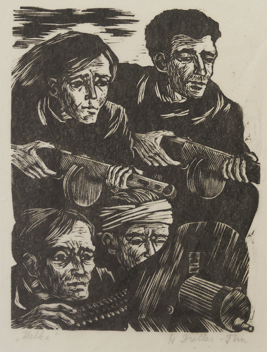Grafika w technice drzeworytu pod tytułem „Walka”, autorstwa Stefanii Dretler-Flin Przedstawia grupę czterech mężczyzn, zwróconych w prawą stronę. Dwóch z nich, w górnej części pola obrazowego, z karabinami typu „pepesza” w rękach; dwóch widocznych na dole obsługuje ckm. Jeden z mężczyzn ma zabandażowaną głowę.