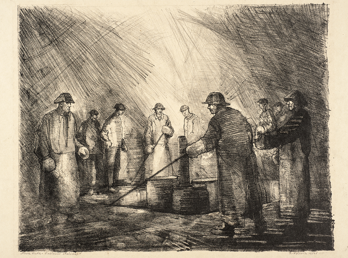 Litografia odbita na kartonie, przedstawiająca grupę dziewięciu mężczyzn ubranych w długie fartuchy i szerokie kapelusze, ustawioną półkoliście wokół kanału w podłodze. W rękach dwóch mężczyzn widoczne długie stalowe pręty.