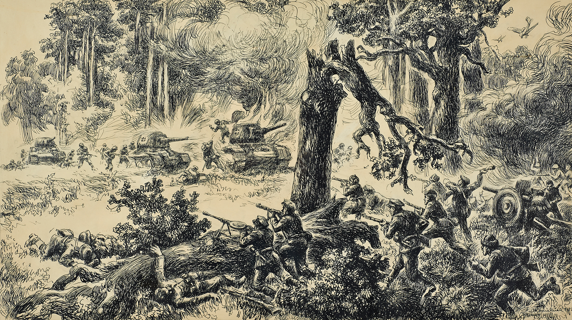 Grafika Mieczysława Kościelniaka, zatytułowana „Bitwa w Lasach Janowskich”, przedstawia moment natarcia niemieckich czołgów na grupę partyzantów. Scena rozgrywa się w lesie, na polanie wśród wysokich, pełnych zieleni drzew. Podzielona diagonalnie na dwie części od lewej do prawej strony, w centrum symbolicznie przełamane drzewo podkreśla dramatyzm sceny. Kompozycji dopełniają przedstawienia kłębiących się dymów z palącego się niemieckiego czołgu w lewej części obrazu oraz pożaru lasu w części lewej, spowodowanego nalotem samolotów przedstawionych w prawym, górnym rogu obrazu.
