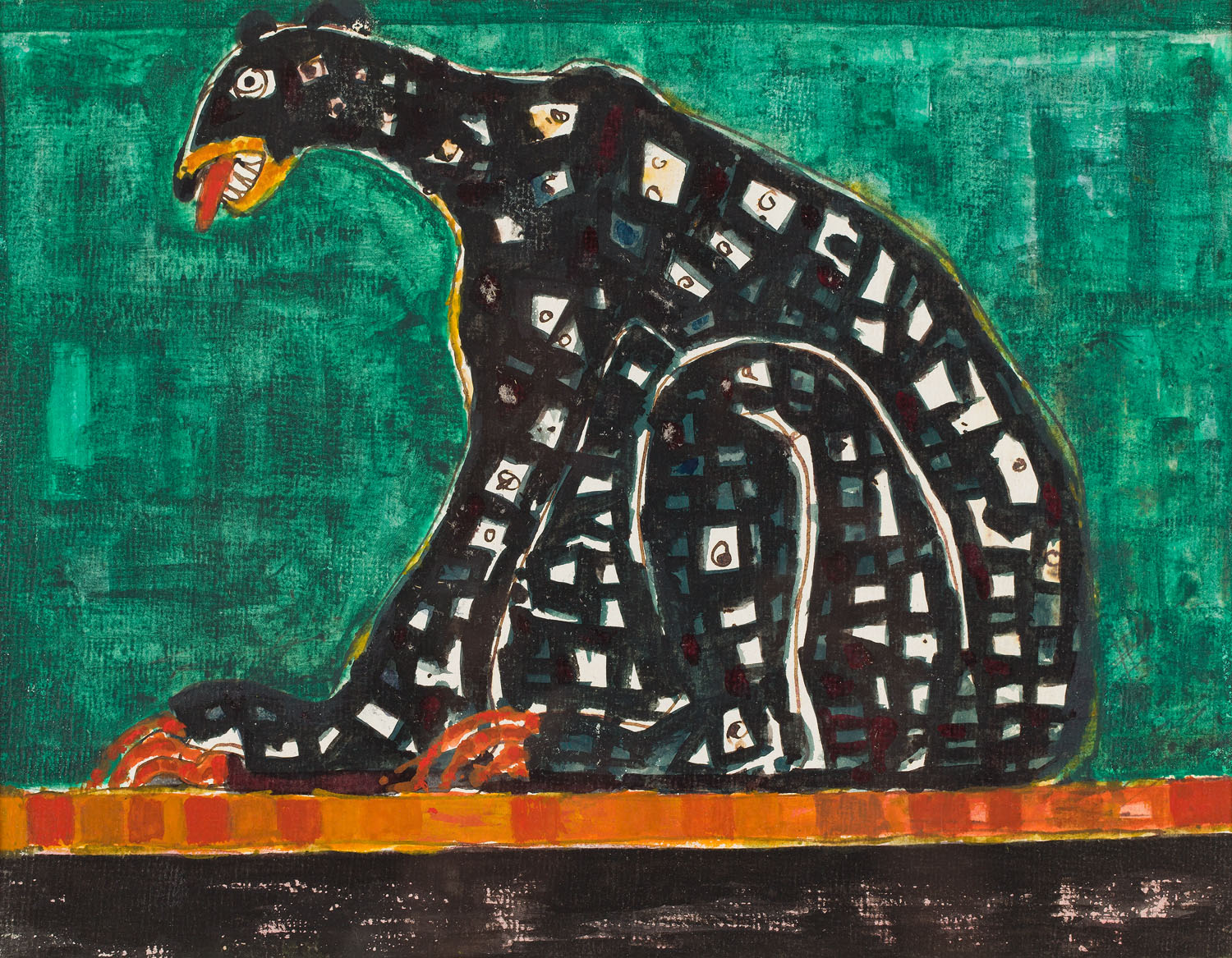 Akwarela przedstawiająca duże, czarne zwierzę fantastyczne w pozycji siedzącej, na intensywnie zielonym tle. Czarne futro urozmaicone jaśniejszymi partiami przypominającymi mozaikę. Paszcza zwierzęcia na wpół otwarta – widoczne zęby i język. Długie pazury opierają się na pomarańczowym wykończeniu muru, na którym siedzi.
