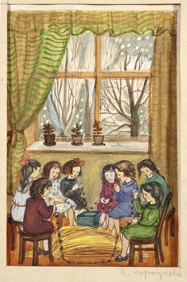 Osiem dziewczynek siedzi przy oknie, za którym pada śnieg. W ciepłym wnętrzu dzieci robią ozdoby choinkowe – łańcuchy ze słomy i bibułek.
