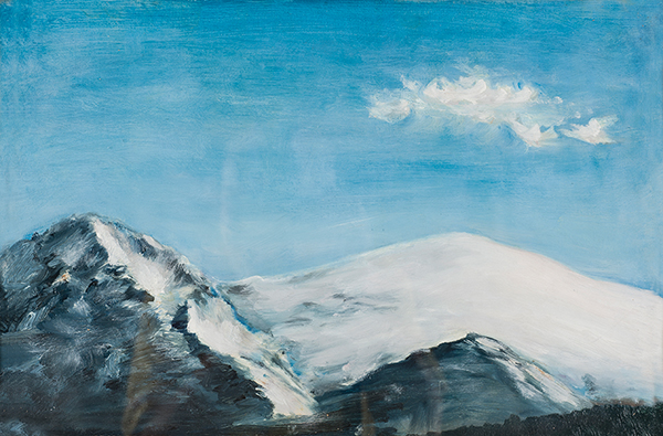 Kompozycja przedstawiająca ośnieżone szczyty Tatr oraz bezkres nieba nad nimi w słoneczny dzień.