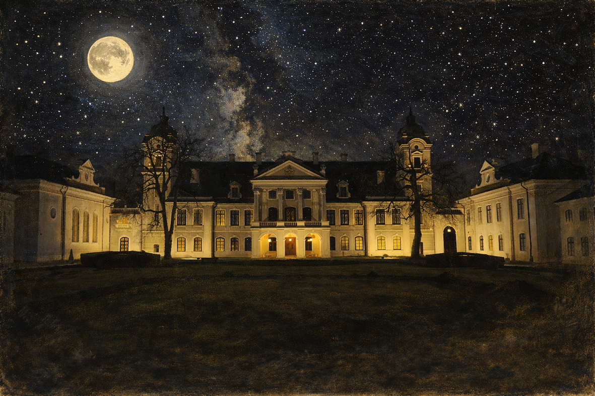 Na grafice widoczny jest nocny widok pałacu w Kozłówce, pięknie oświetlonego ciepłym światłem, które architekturę budowli. Na ciemnym, gwiaździstym niebie dominuje duży, jasny księżyc w pełni, umieszczony po lewej stronie obrazu.
Całość utrzymana jest w eleganckim charakterze.