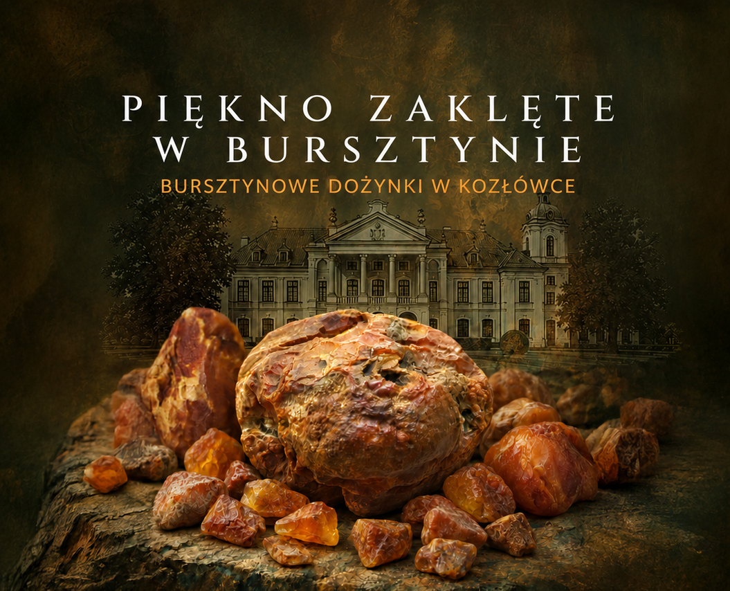 Plakat wystawy Piękno zaklęte w bursztynie. Bursztynowe dożynki w Kozłówce